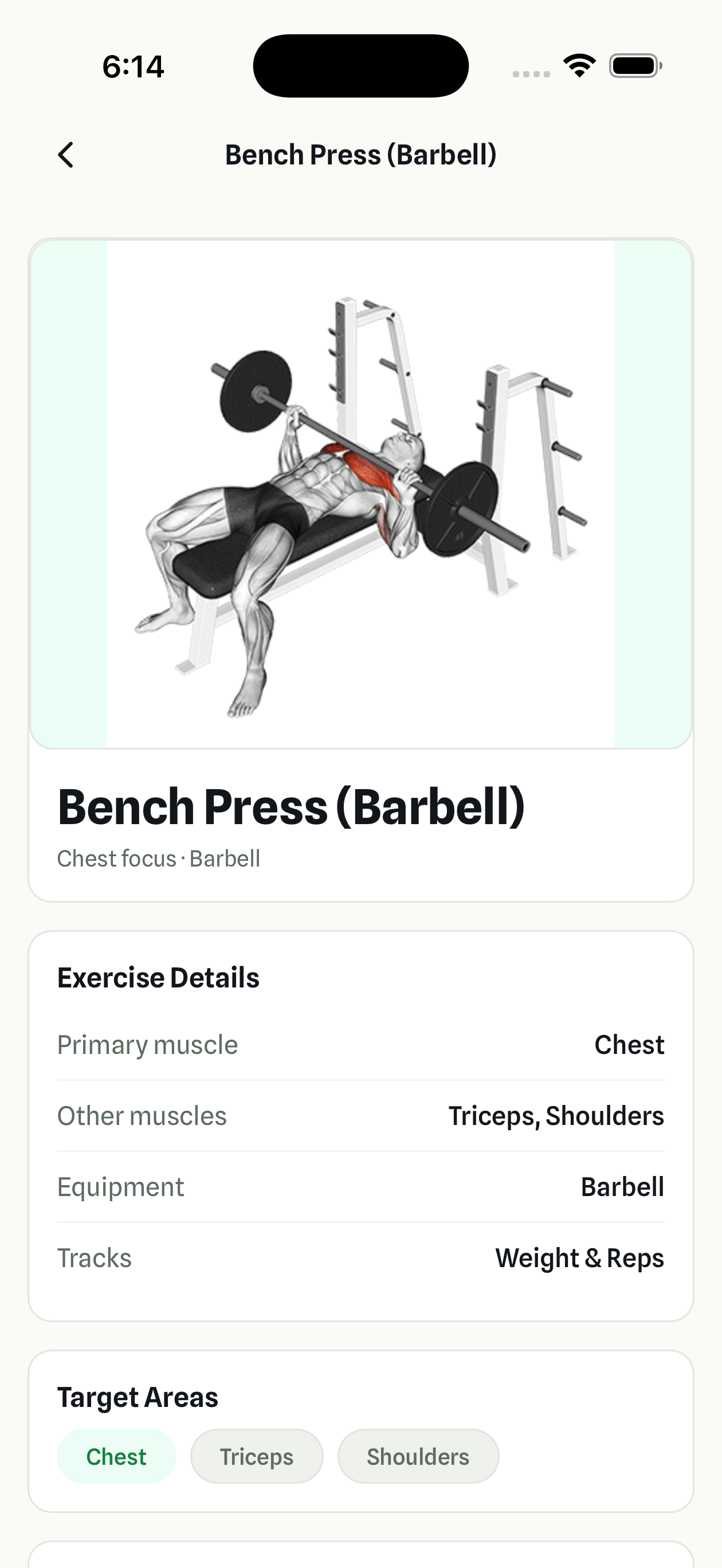 FYL exercise detail screen for Bench Press (Barbell) with muscle, equipment, tracking, and target area details