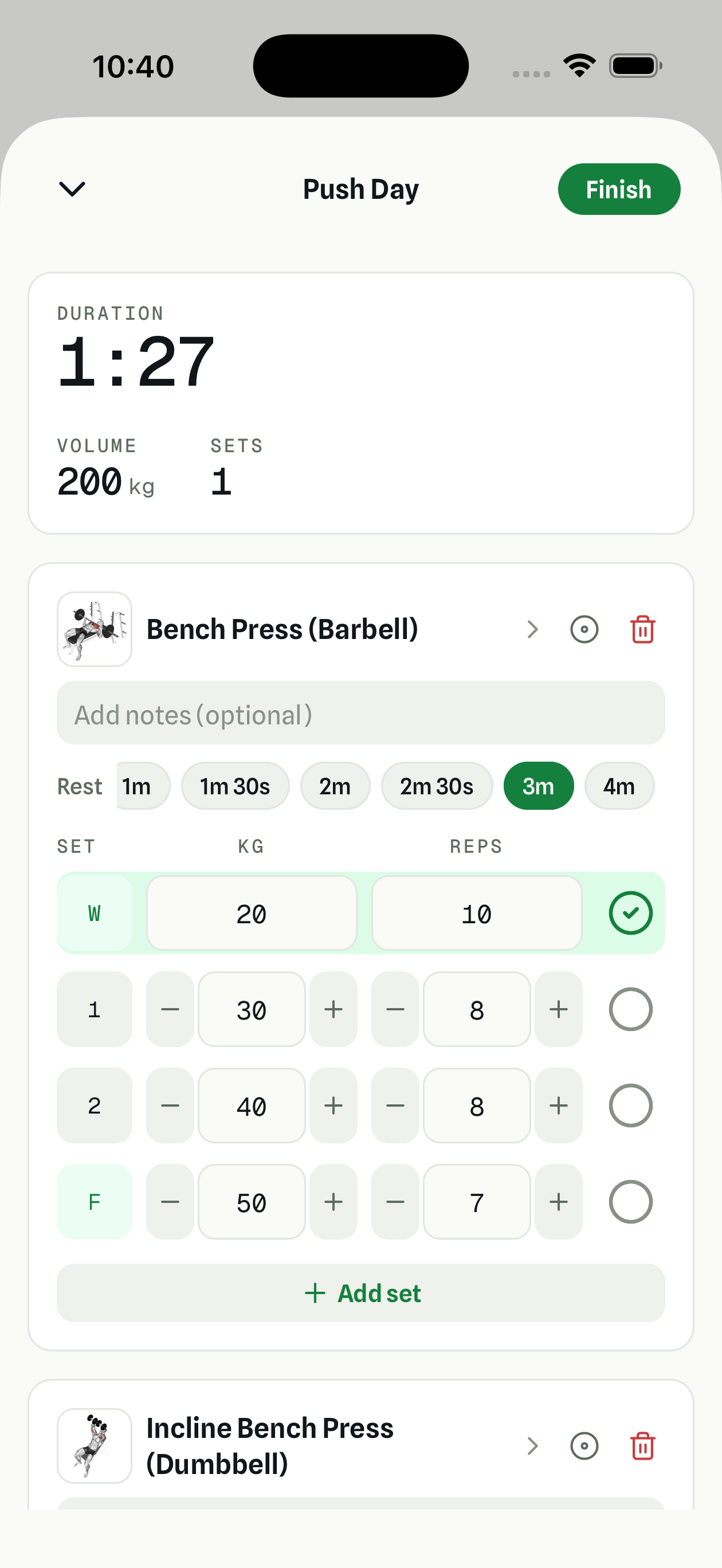 FYL active workout screen showing live set logging with warm-up and working sets, target reps and total volume