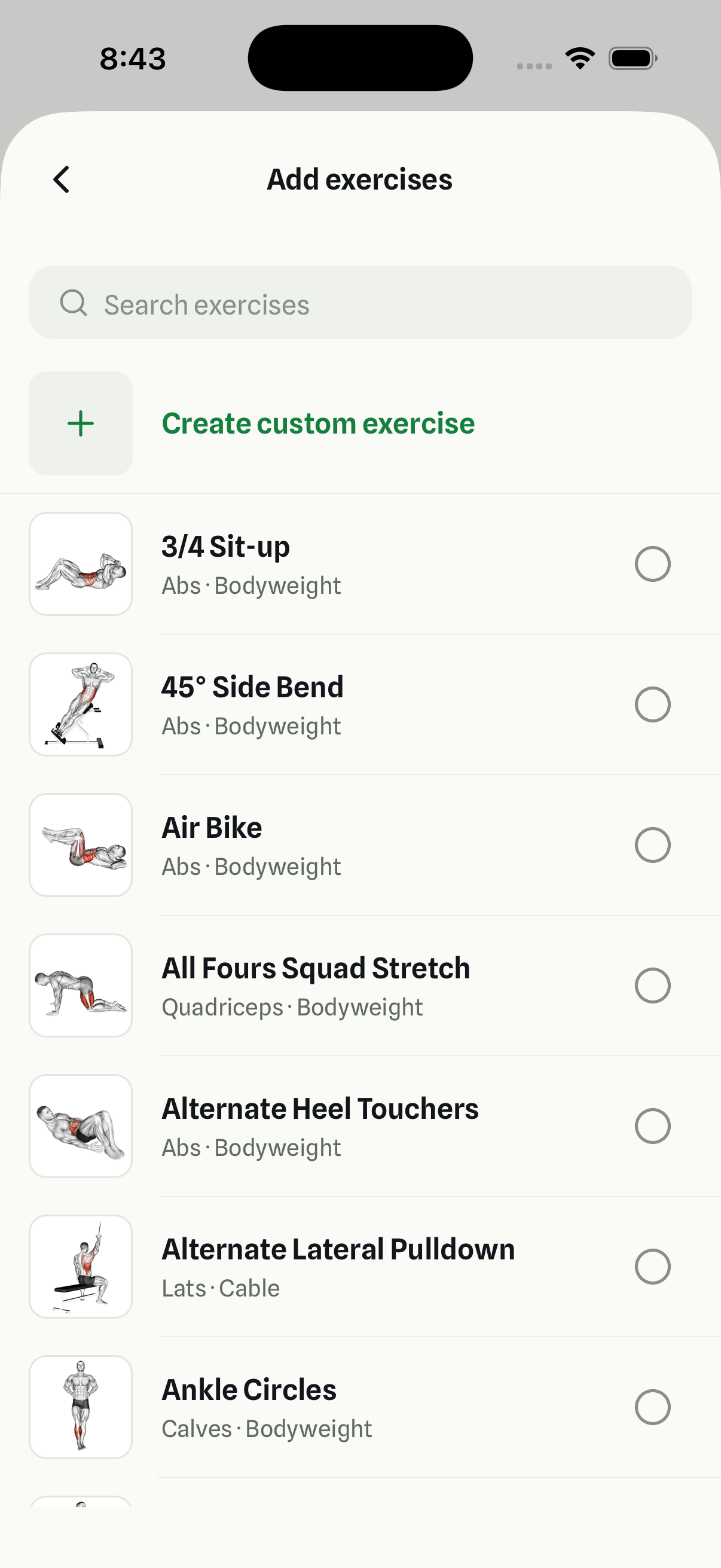 FYL exercise library filtered by muscle and equipment with illustrated exercises