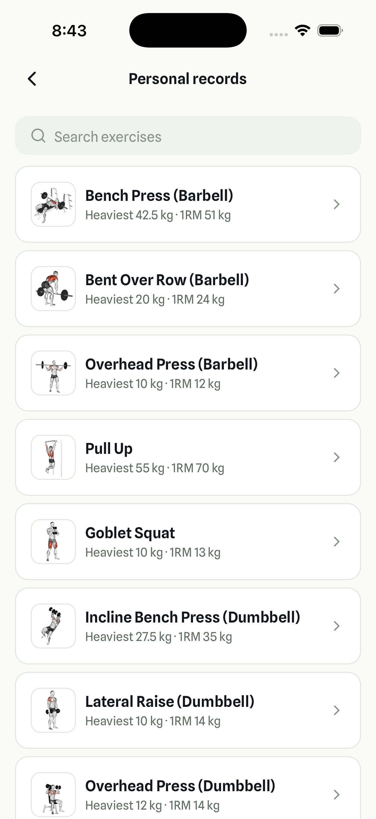 FYL personal records list with heaviest weight and estimated 1RM per exercise