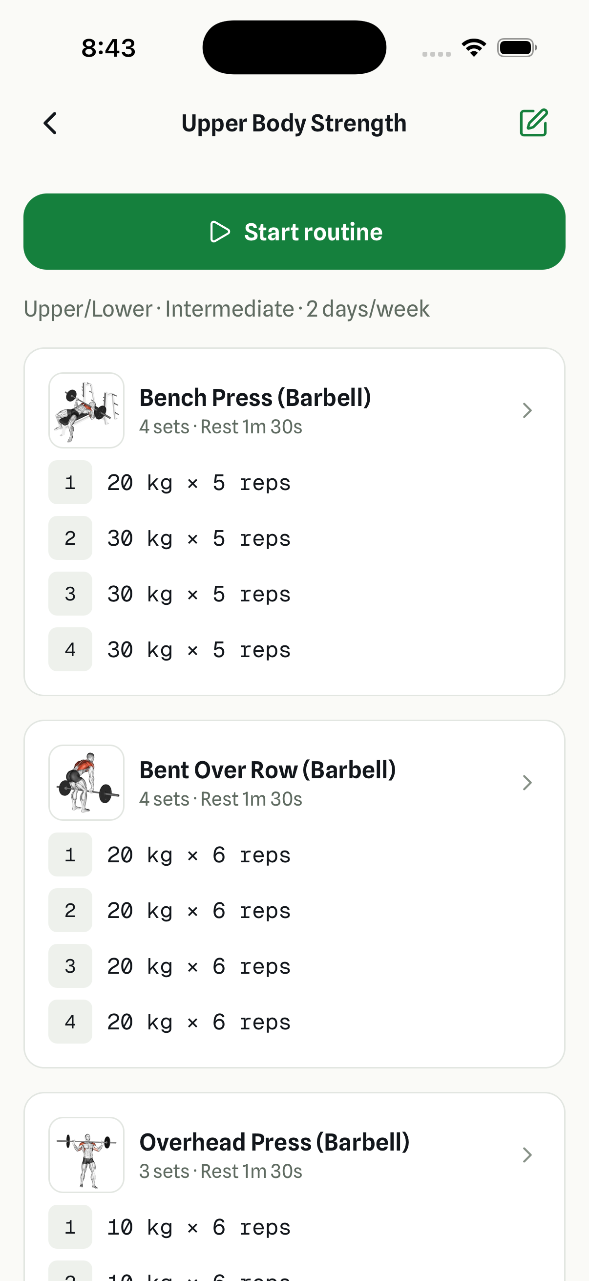 FYL routine detail with structured sets and reps for each exercise