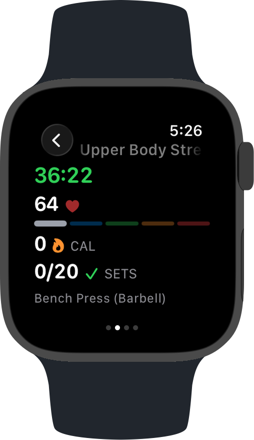 FYL on Apple Watch during a live Upper Body Strength workout — 36:22 duration, heart rate, calories and set progress